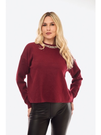 μπλουζα πλεκτη με στρας μπορντό