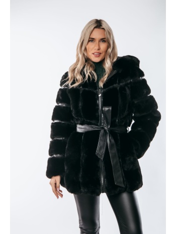 μπουφαν γουνινο με κουκουλα και ζωνη μαύρο σε προσφορά