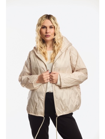 μπουφαν κοντο με κουκουλα και κορδονι μπεζ