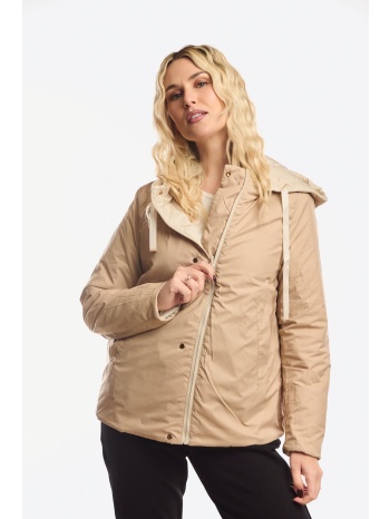 μπουφαν διπλης οψης κοντο με κουκουλα που αφαιρειται μπεζ