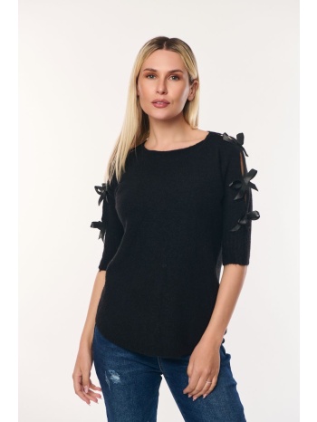 μπλουζα πλεκτη με φιογκους στα μανικια μαύρο
