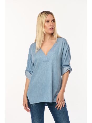 μπλουζα με βε και γυριστο μανικι μπλε