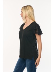 μπλουζα με βολαν δαντελα μανικι μαύρο