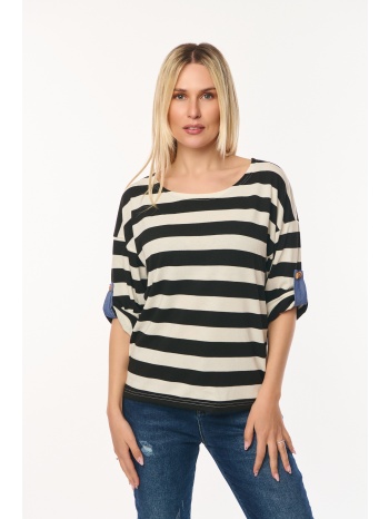 μπλουζα ριγε με γυριστο μανικι μαυρη μαύρο