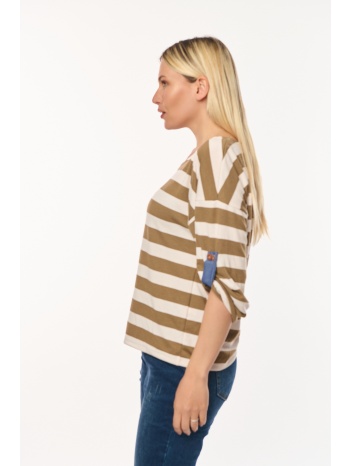 μπλουζα ριγε με γυριστο μανικι μπεζ μπεζ