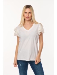 μπλουζα με βολαν δαντελα μανικι άσπρο