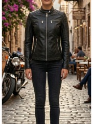 μπουφαν δερματινη μαυρο biker μαύρο