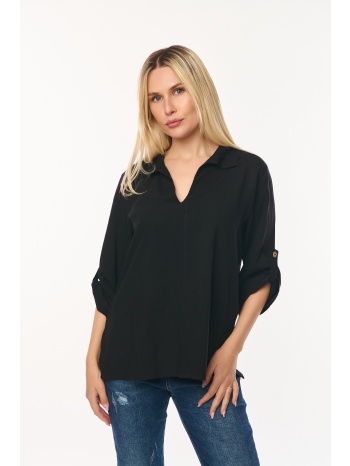 μπλουζα με γιακα και γυριστο μανικι μαύρο