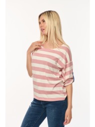 μπλουζα ριγε με γυριστο μανικι ροζ