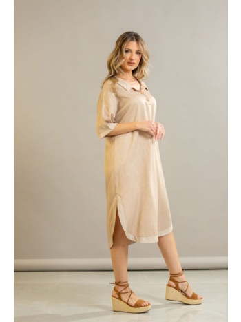 φορεμα μακρυ με γιακα και ανοιγματα μπεζ