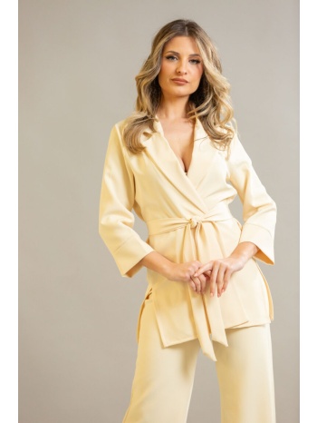 σετ κοστουμι σακακι με ζωνη και παντελονα μπεζ