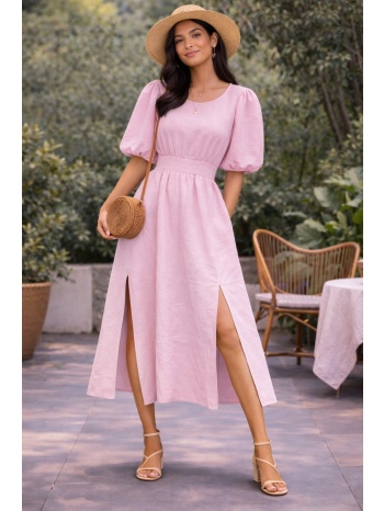 φορεμα midi με μπαλον μανικια ροζ σε προσφορά