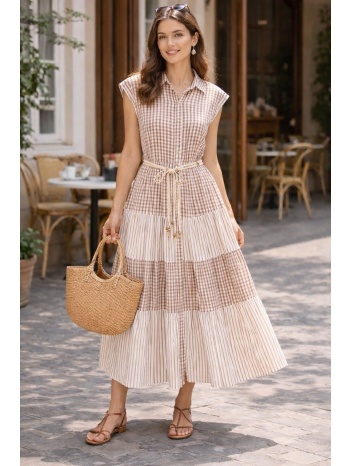 φορεμα midi με ζωνη μπεζ σε προσφορά