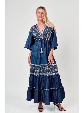 φορεμα maxi με κεντημα και βολαν μπλε
