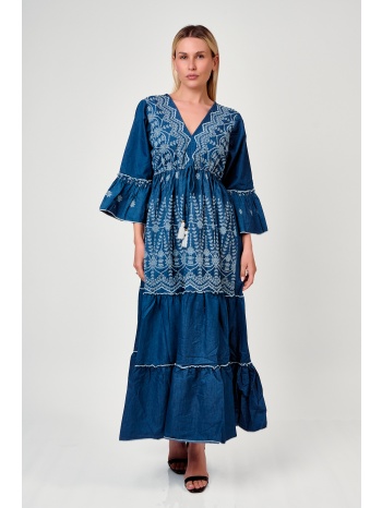 φορεμα maxi με κεντημα και βολαν μπλε