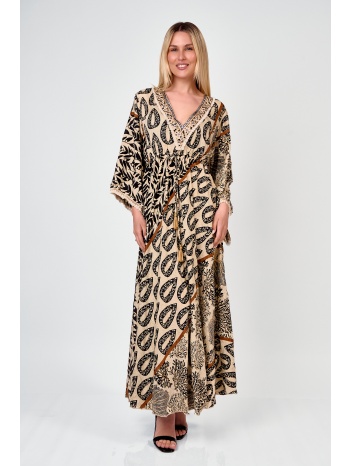 φορεμα maxi με print και δεσιμο μπεζ