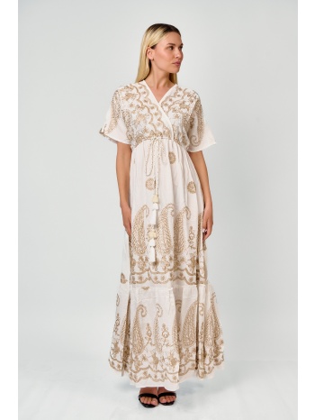 φορεμα maxi με κεντημα και δεσιμο άσπρο