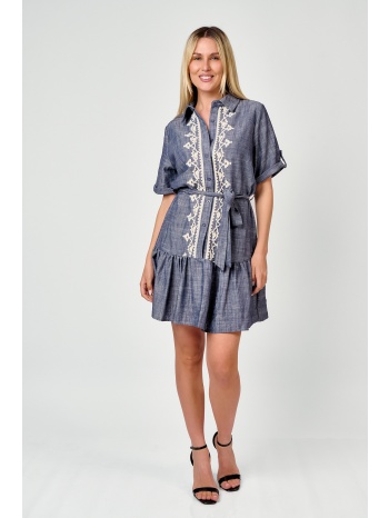 φορεμα μινι με κεντημα και ζωνη μπλε