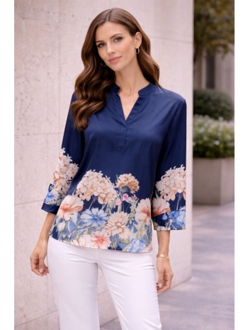 μπλουζα σατεν με floral print μπλε