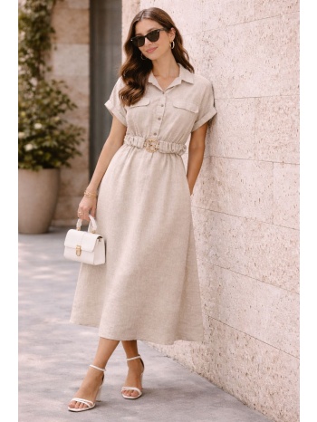 φορεμα midi με ζωνη μπεζ