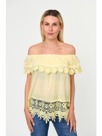 μπλουζα με δαντελα και εξω ωμους κίτρινο
