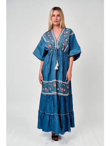 φορεμα maxi με κεντημα και βολαν μπλε