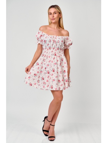 φλοραλ mini φορεμα off shoulder άσπρο