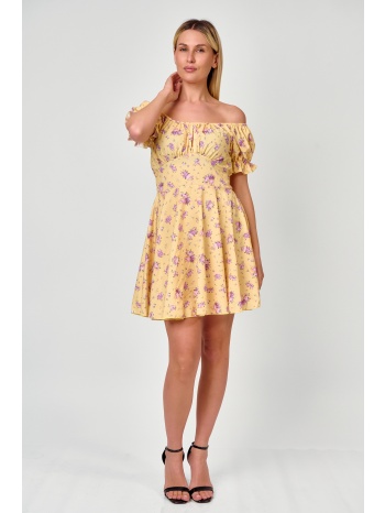 φλοραλ mini φορεμα off shoulder κίτρινο