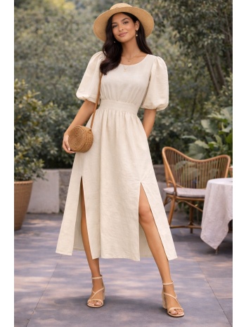 φορεμα midi με μπαλον μανικια μπεζ σε προσφορά