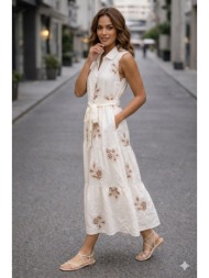 φορεμα αμανικο μαξι με λουλουδια και ζωνη άσπρο