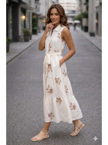 φορεμα αμανικο μαξι με λουλουδια και ζωνη άσπρο