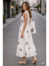 φορεμα αμανικο μαξι με λουλουδια και ζωνη άσπρο