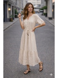 φορεμα μαξι με κεντητα μανικια μπεζ