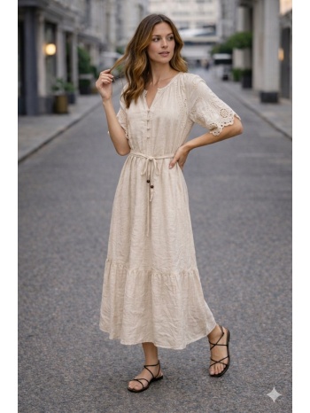 φορεμα μαξι με κεντητα μανικια μπεζ