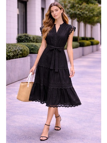 φορεμα με δαντελα και ζωνη μαύρο