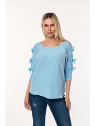 μπλουζα πλεκτη με φιογκους στα μανικια σιέλ