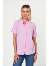 πουκαμισο ριγε με μαο γιακα και γυριστο μανικι ροζ