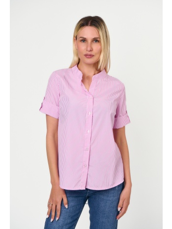 πουκαμισο ριγε με μαο γιακα και γυριστο μανικι ροζ σε προσφορά