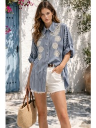 πουκαμισο ριγε με κεντημα μπλε