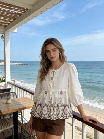 μπλουζα με κεντημα και δεσιματα άσπρο