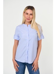 πουκαμισο ριγε με μαο γιακα και γυριστο μανικι μπλε