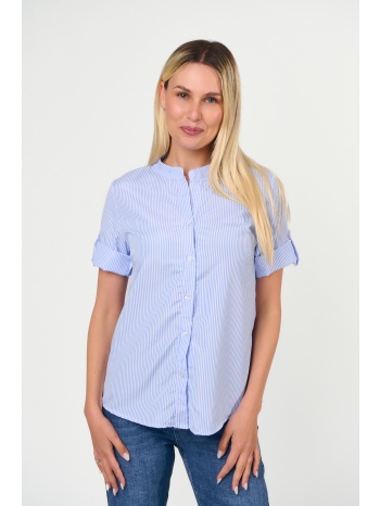 πουκαμισο ριγε με μαο γιακα και γυριστο μανικι μπλε σε προσφορά