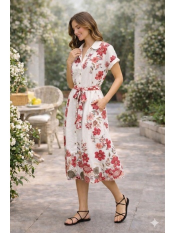 φορεμα μαξι floral με ζωνη κόκκινο