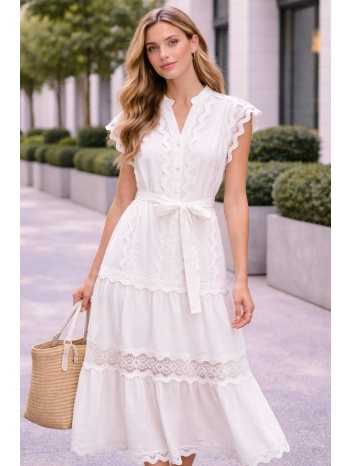 φορεμα με δαντελα και ζωνη άσπρο