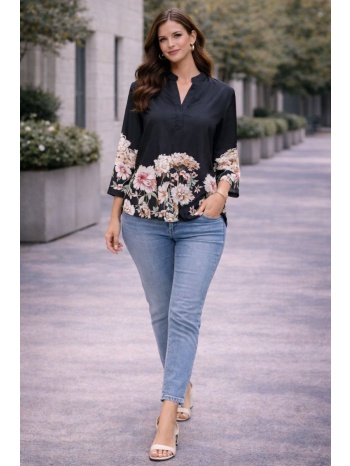 μπλουζα σατεν με floral print μαύρο