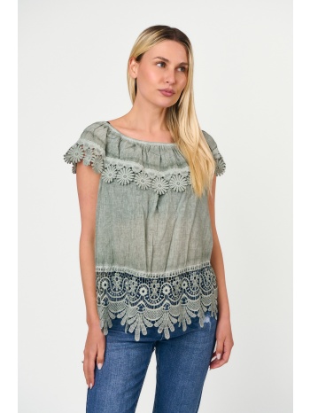 μπλουζα με δαντελα και εξω ωμους χακί