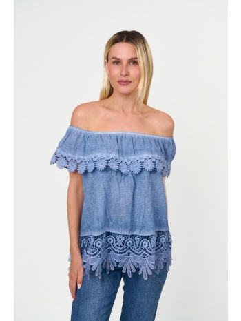 μπλουζα με δαντελα και εξω ωμους σιέλ