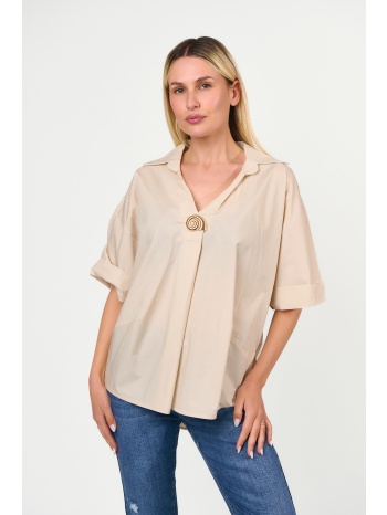μπλουζα κοντομανικη με χρυση καρφιτσα μπεζ