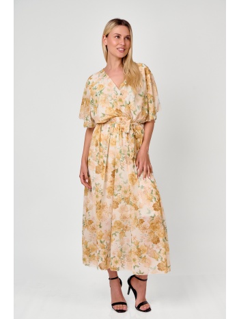 φορεμα maxi φλοραλ με ζωνη κίτρινο