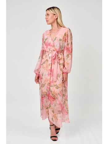 φορεμα maxi φλοραλ με ζωνη ροζ
